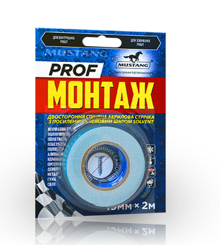 Купити Стрічка двостороння PROF МОНТАЖ MUSTANG 19мм х 2м фото та ціна